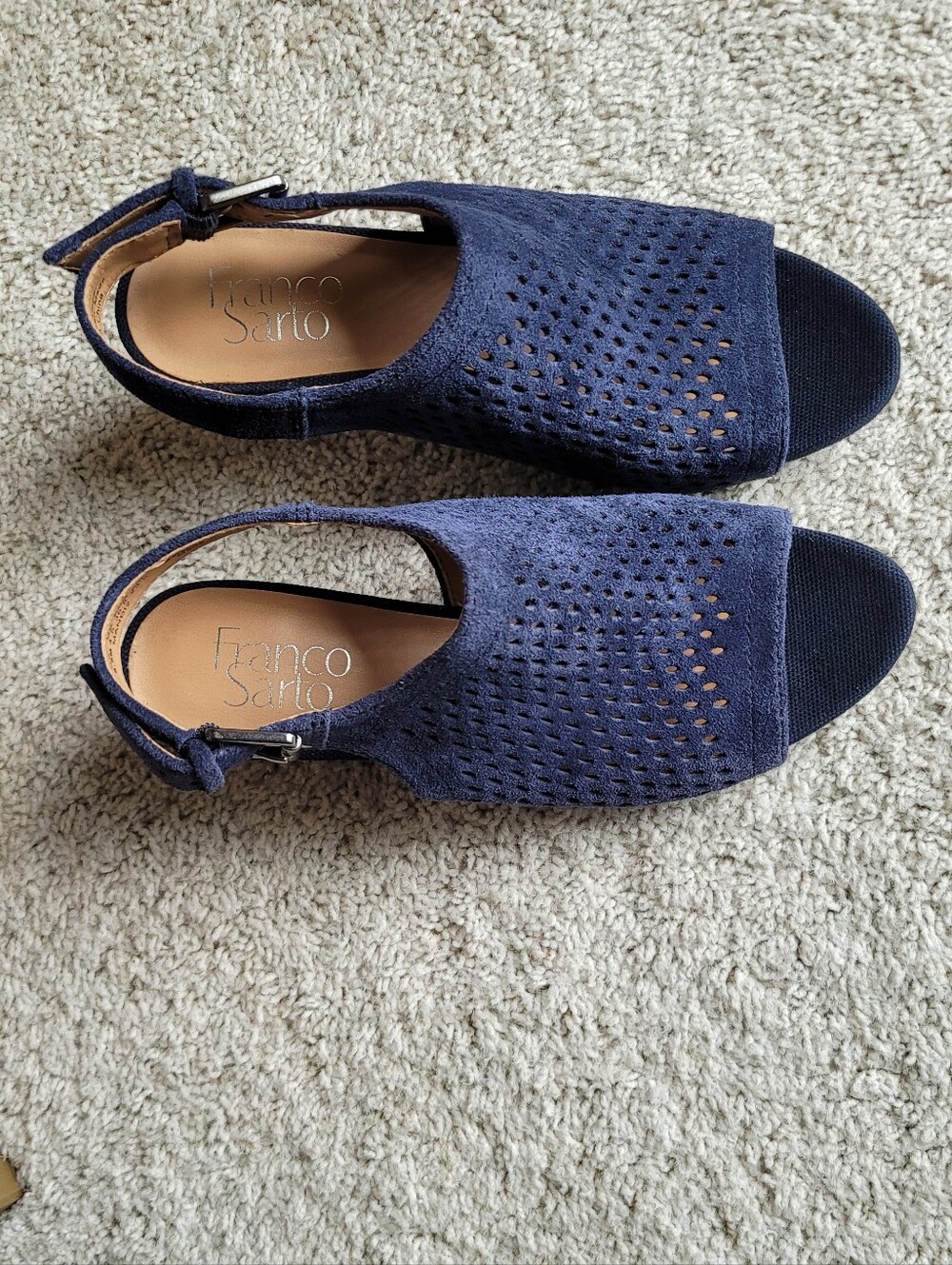 Franco Sarto Perforated Suede Navy 2 1/2" Stacked Heels Great Condition. - Picture 3 of 5